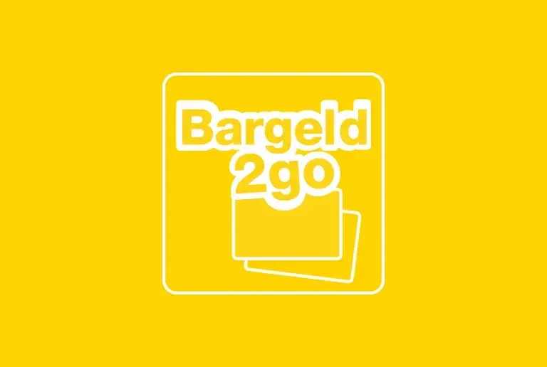 Gelbes Quadrat mit weißem Rand, das die Worte 'Bargeld 2go' in weißem Text und ein Bild eines Dokuments enthält.