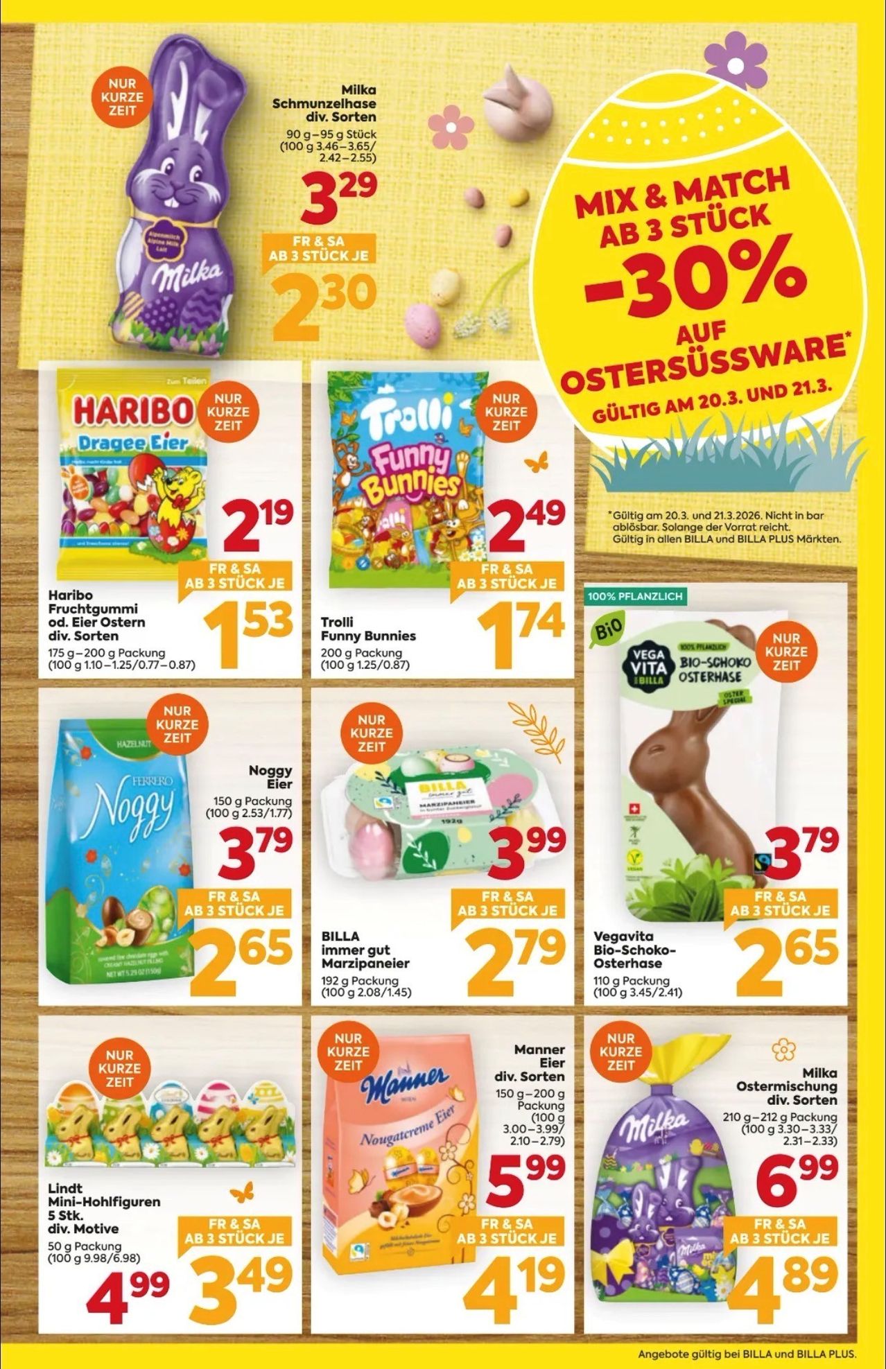 Ein Werbeposter für verschiedene Ostersüßigkeiten mit Preisnachlässen. Es beinhaltet Produkte wie Trolli Funny Bunnies, Haribo Dragee Eier und Noggy Eier. Preise sind für Packungen von 175g, 200g und 192g aufgeführt. Gültig vom 20. März bis 21. März.