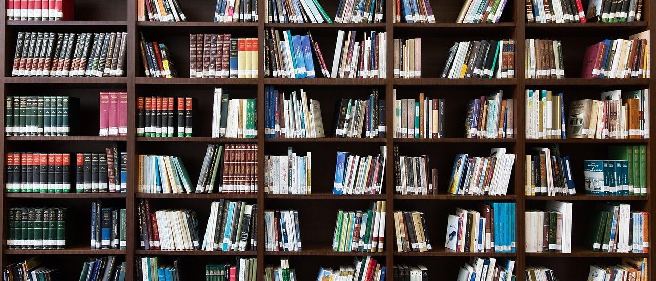 Ein hoher Bücherregal, gefüllt mit verschiedenen Büchern in unterschiedlichen Größen und Farben, in mehreren Reihen angeordnet, gegen eine weiße Wand.