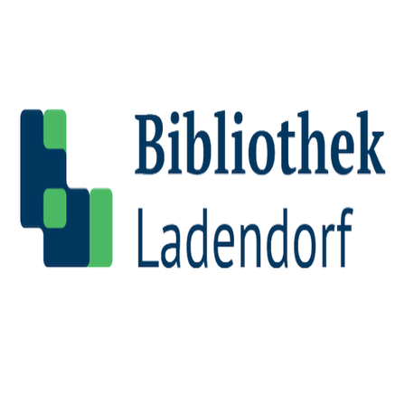Das Logo der Bibliothek Ladendorf zeigt einen stilisierten Buchstaben L mit blauen und grünen Elementen. Der Text 'Bibliothek Ladendorf' steht in blauer Schrift unter dem Logo.