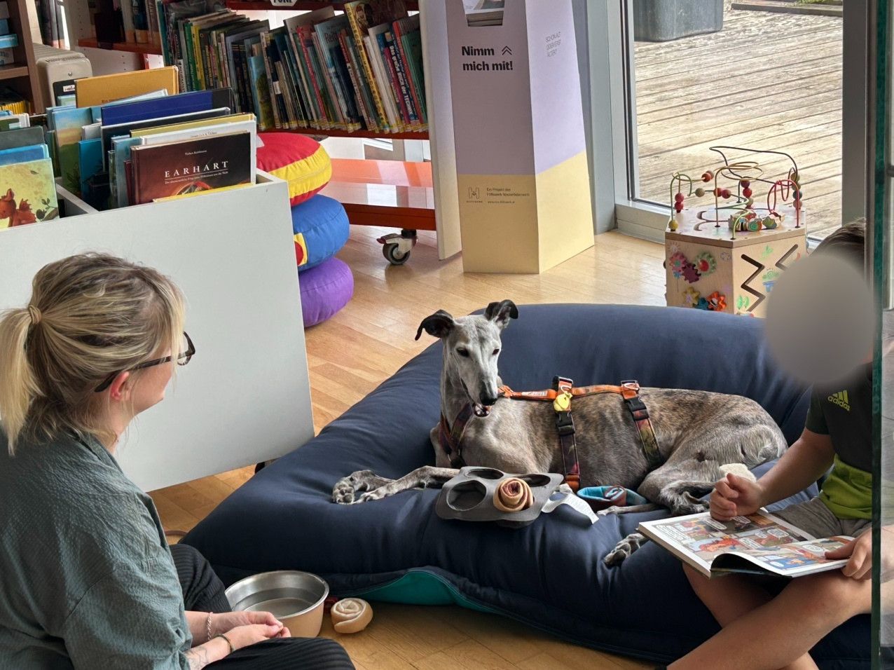 Zwei Frauen und ein Junge sitzen in einer Bibliothek mit einem Hund, der auf einem blauen Kissen liegt.