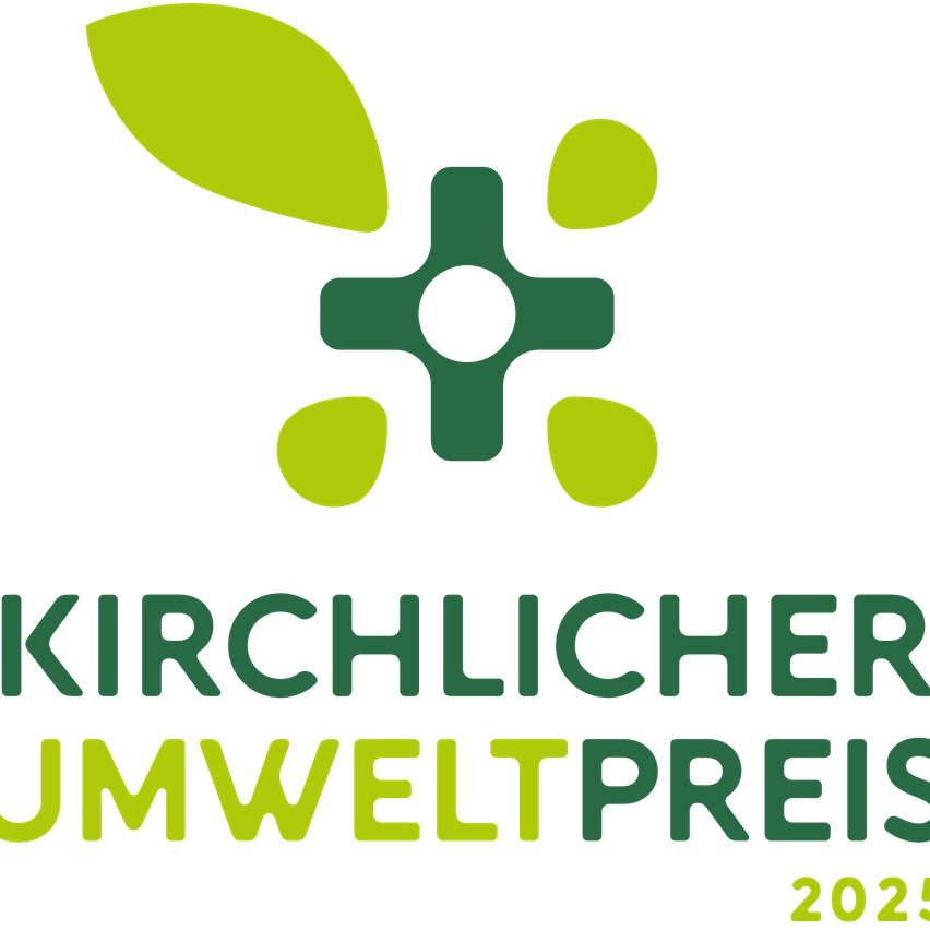 A black background features a logo with a green cross and three yellow circles. The words 'Kirchlicher Umweltpreis 2023' are written in green and yellow.