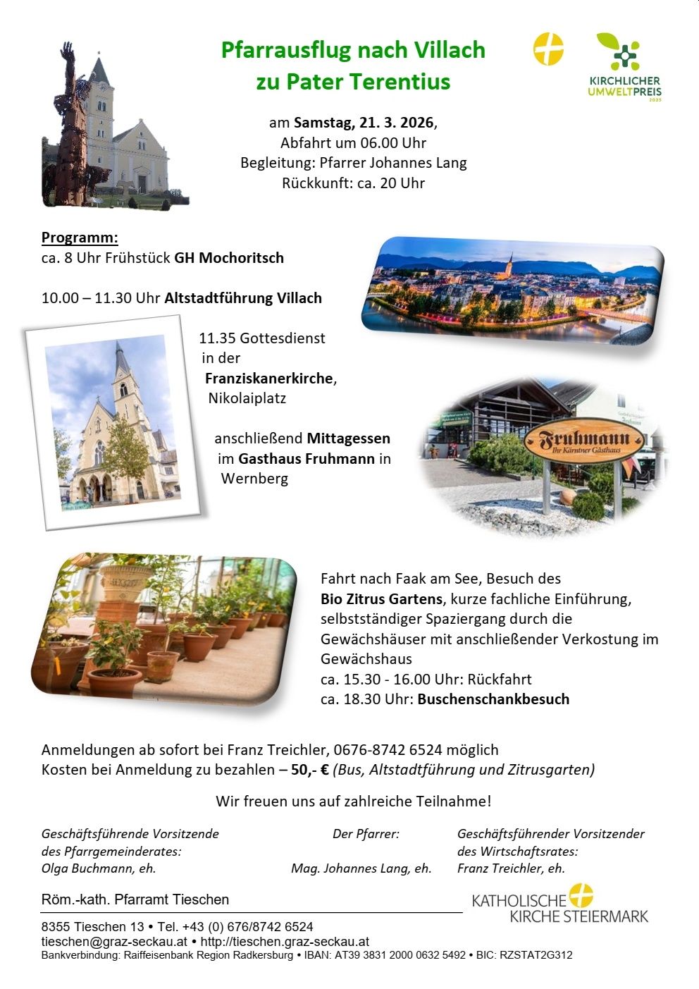 Das Bild zeigt einen Zeitplan von Veranstaltungen, einschließlich Frühstück, Stadtrundfahrt, Gottesdienst, Mittagessen und Besuch des botanischen Gartens. Der Zeitplan wird von Bildern der Stadt und des botanischen Gartens begleitet.