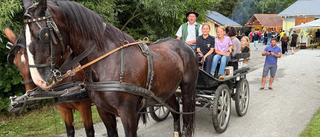 Eine Pferdekutsche mit drei Passagieren, darunter zwei Kinder, fährt auf einer Straße in der Nähe einer Menschenmenge.