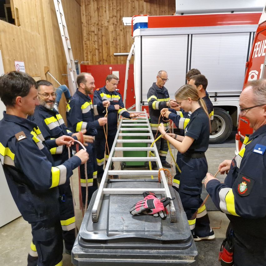 Eine Gruppe von Feuerwehrleuten arbeitet an einer Leiter, einige halten Seile und andere interagieren mit der Leiter. Ein Feuerwehrwagen ist hinter ihnen geparkt, und im Hintergrund befinden sich ein grüner Mülleimer und eine Holzwand.