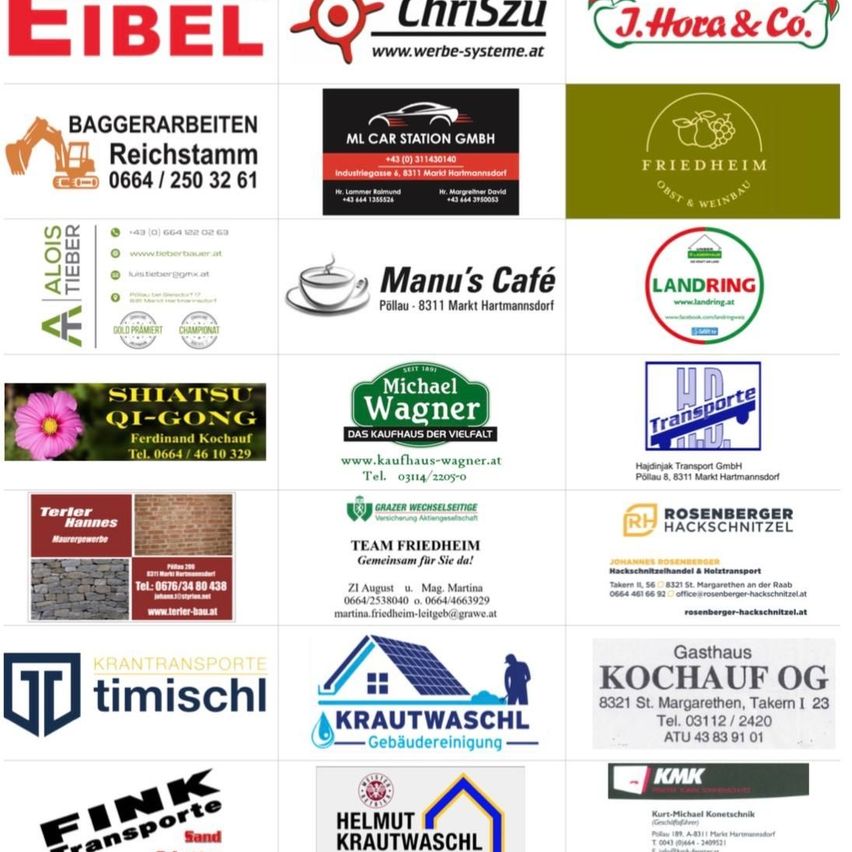 Eine Collage verschiedener Firmenlogos und Kontaktdaten, einschließlich Eibel, Chriszu und anderen, mit Bildern von Maschinen, einer Tasse und einer Blume.