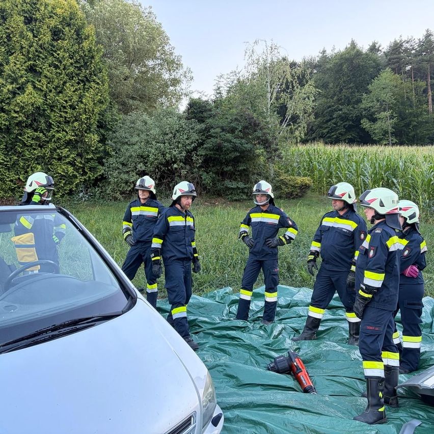 Eine Gruppe von Feuerwehrleuten in blauen Uniformen und Helmen steht um ein Auto auf einem Feld. Ein grüner Planen bedeckt den Boden, und ein Bohrer liegt darauf. Bäume und Büsche sind im Hintergrund.