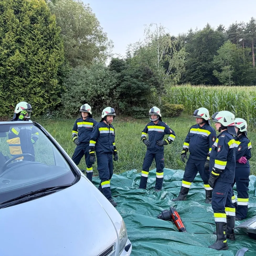 Eine Gruppe von Feuerwehrleuten in blauen Uniformen und Helmen steht um ein Auto auf einem Feld. Ein grüner Planen bedeckt den Boden, und ein Bohrer liegt darauf. Bäume und Büsche sind im Hintergrund.