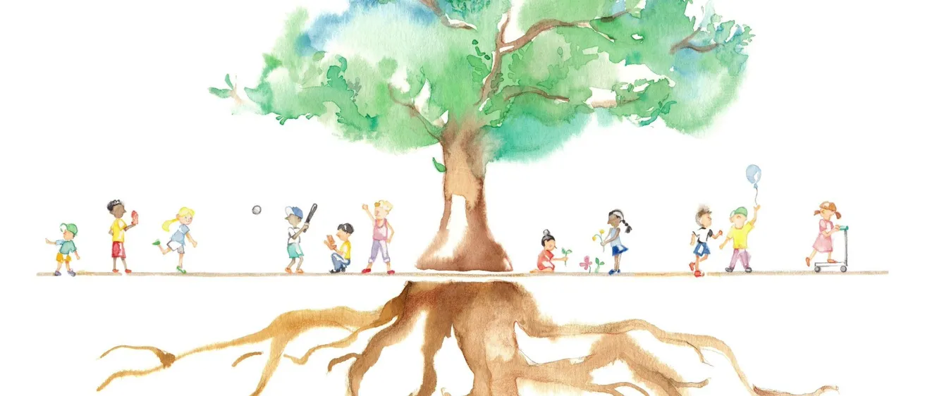 Eine Aquarellillustration eines Baumes mit Kindern, die darum herumspielen.
