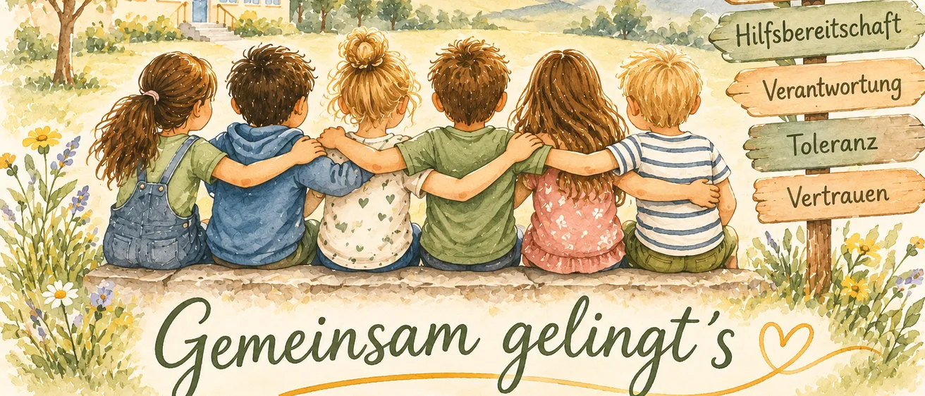 Fünf Kinder sitzen auf einer Steinbank, halten Händchen und schauen in Richtung Sonne.