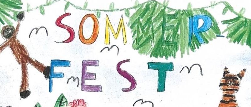 Ein buntes Plakat mit Tieren, Blättern und einem Regenbogen. Es lädt zum jährlichen Sommerfest am 3. Juli 2026 um 16 Uhr in NS Leutschach für Spiel, Sport, Spaß und Erfrischung ein.