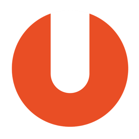 Ein roter Kreis mit einem weißen 'U' in der Mitte auf schwarzem Hintergrund.