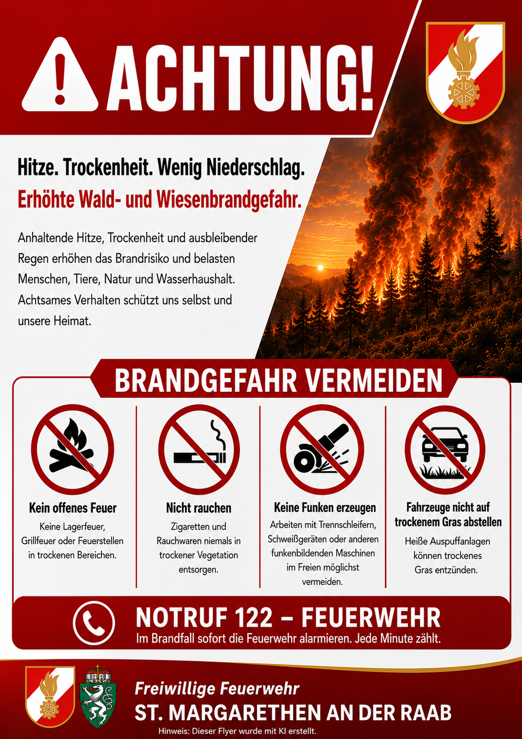 Ein Infografik, die vor den Gefahren von Wald- und Wiesenbränden aufgrund von Hitze, Trockenheit und geringem Niederschlag warnt. Es werden Sicherheitsmaßnahmen wie das Vermeiden von offenem Feuer, Rauchen und das Parken von Fahrzeugen auf trockenem Gras aufgeführt. Es wird auch eine Notfallnummer angegeben.