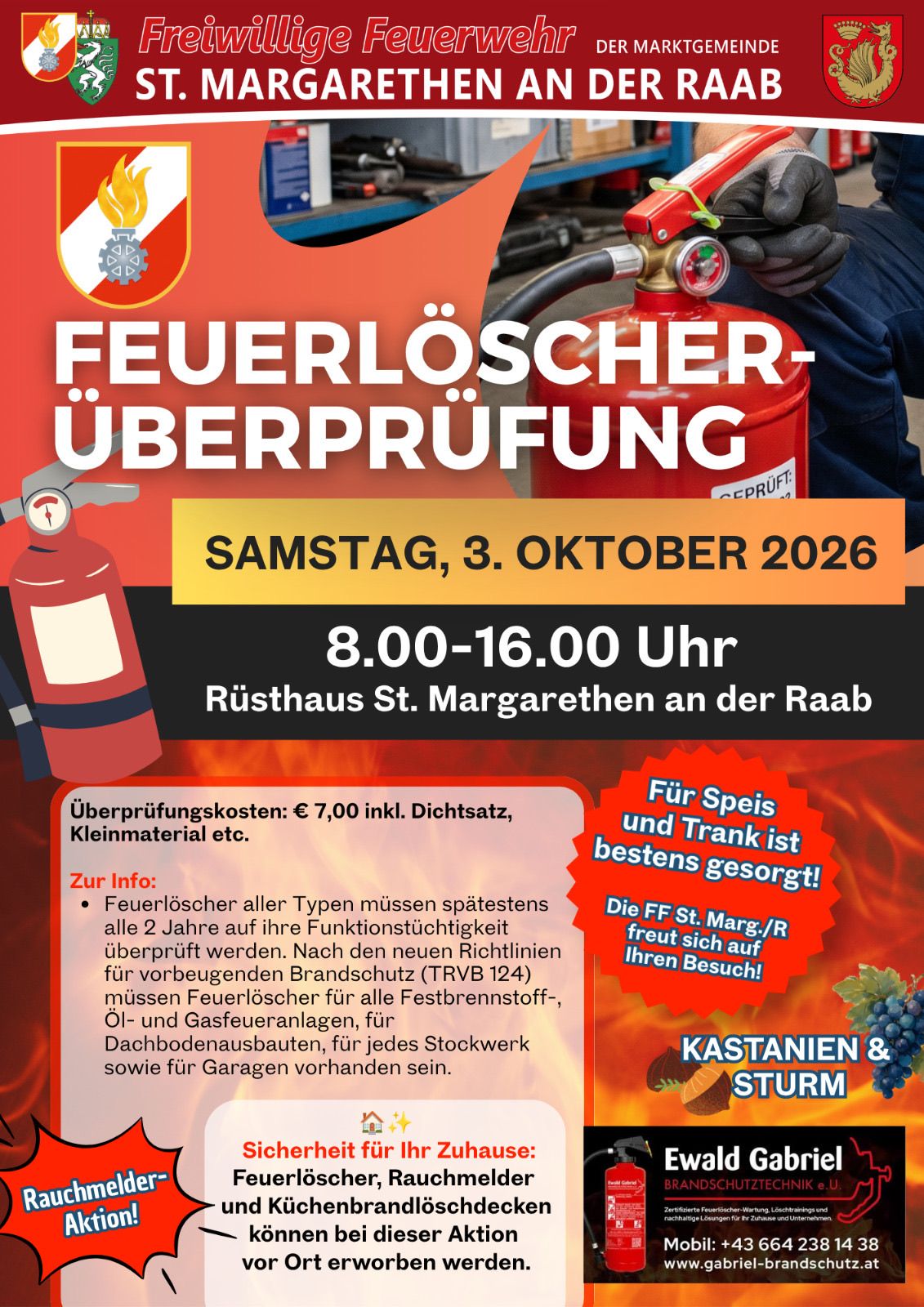 Plakat für die Feuerlöscher-Überprüfungsveranstaltung am 3. Oktober 2026 von 8:00 bis 16:00 Uhr im Rusthaus St. Margarethen an der Raab. Kosten beinhalten €7 für Materialien. Feuerlöscher müssen alle 2 Jahre überprüft werden.
