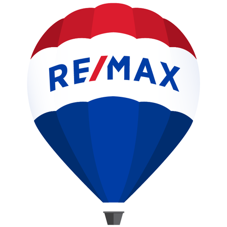 Ein Heißluftballon mit rotem und weißem Oberteil und blauem Unterteil ist abgebildet. Das Wort RE/MAX ist in Blau auf dem Oberteil geschrieben.