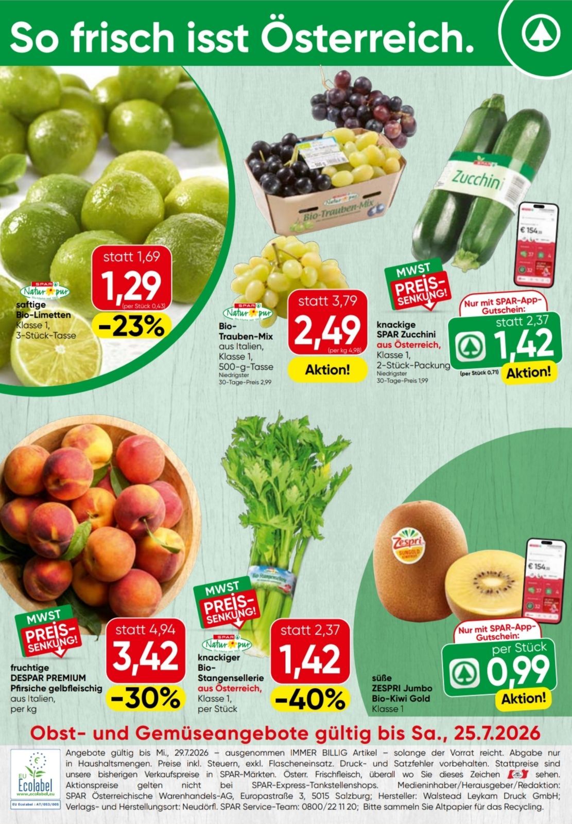 Ein Werbebild für einen Supermarkt mit verschiedenen Obst- und Gemüsesorten mit Preisschildern und Rabatten. Limetten, Trauben, Zucchini und Kiwis werden mit ihren Preisen und Rabattprozentsätzen angezeigt.