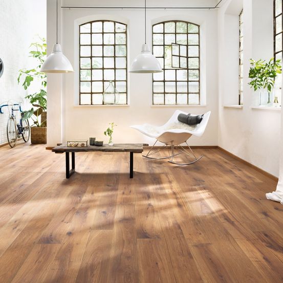 Bild enthält, Floor, Flooring, Wood, Hardwood, Interior Design, Stained Wood, Chair, Bicycle, Wheel, Plant