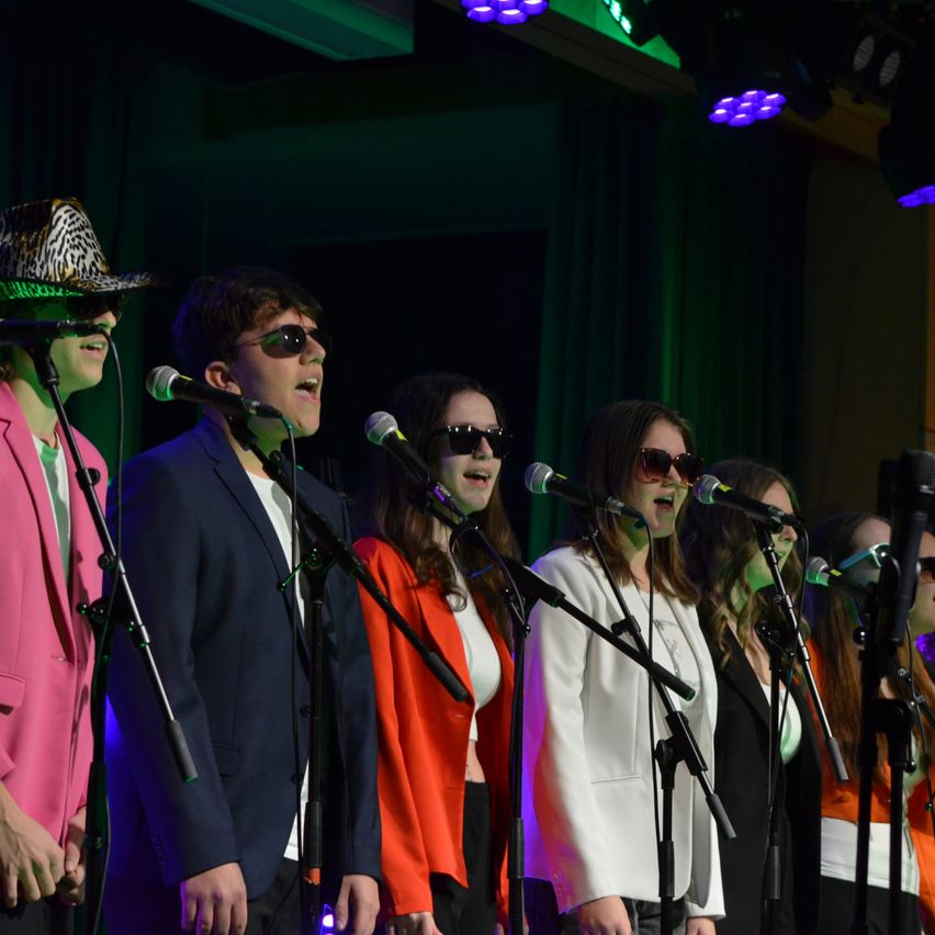 A group of people, some in sunglasses, are singing on stage with microphones. The stage is lit with green and purple lights.