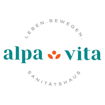 Das Logo für 'alpa vita', ein Gesundheitshaus, zeigt die Worte 'Leben bewegen' in einem kreisförmigen Format mit einem roten Blattsymbol in der Mitte. Der Name 'alpa vita' ist prominent in Grün und Blau dargestellt.