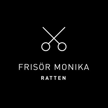 Ein schwarzer Hintergrund mit einem weißen Logo. Das Logo hat zwei Scheren über dem Text 'FRISOER MONIKA RATTEN'.