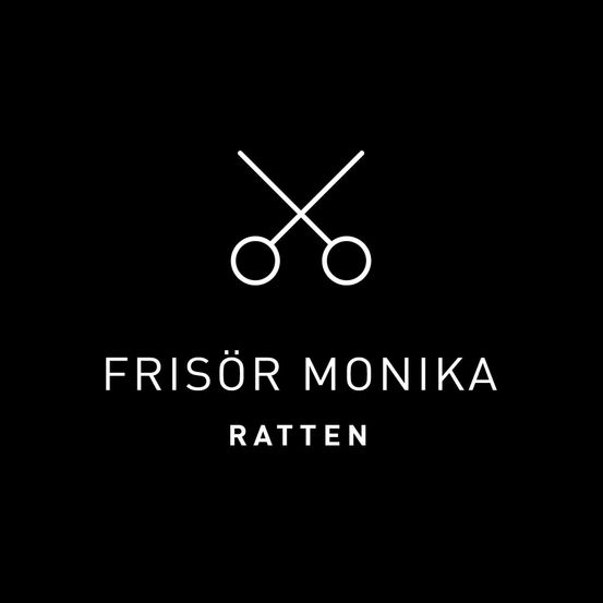 Ein schwarzer Hintergrund mit einem weißen Logo. Das Logo hat zwei Scheren über dem Text 'FRISOER MONIKA RATTEN'.