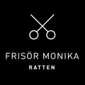 Schwarzer Hintergrund mit weißem Text 'Frisor Monika Ratten' über einem Paar Scheren.