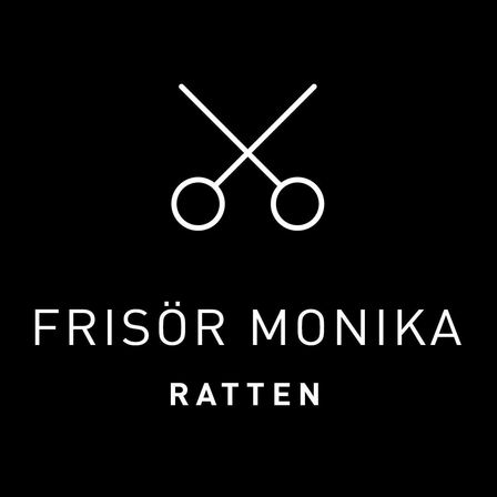 Schwarzer Hintergrund mit weißem Text 'Frisor Monika Ratten' über einem Paar Scheren.