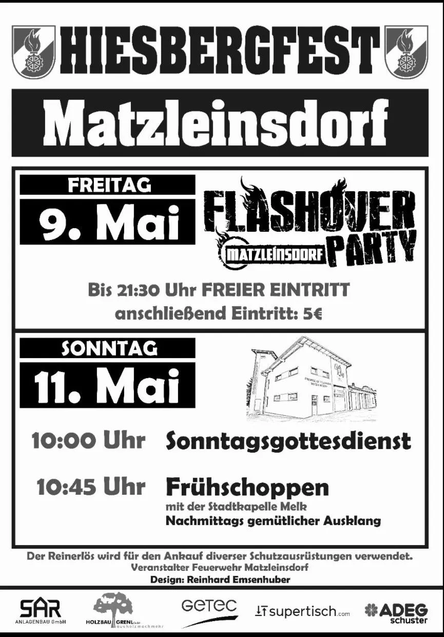 Plakat für Matzleinsdorf-Event. Freitag, 9. Mai, Flashover-Party. Freier Eintritt bis 21:30, danach 5 Euro. Sonntag, 11. Mai, 10:00 Uhr Sonntagsgottesdienst, 10:45 Uhr Frühschoppen mit dem Stadtkapellchor Melk.