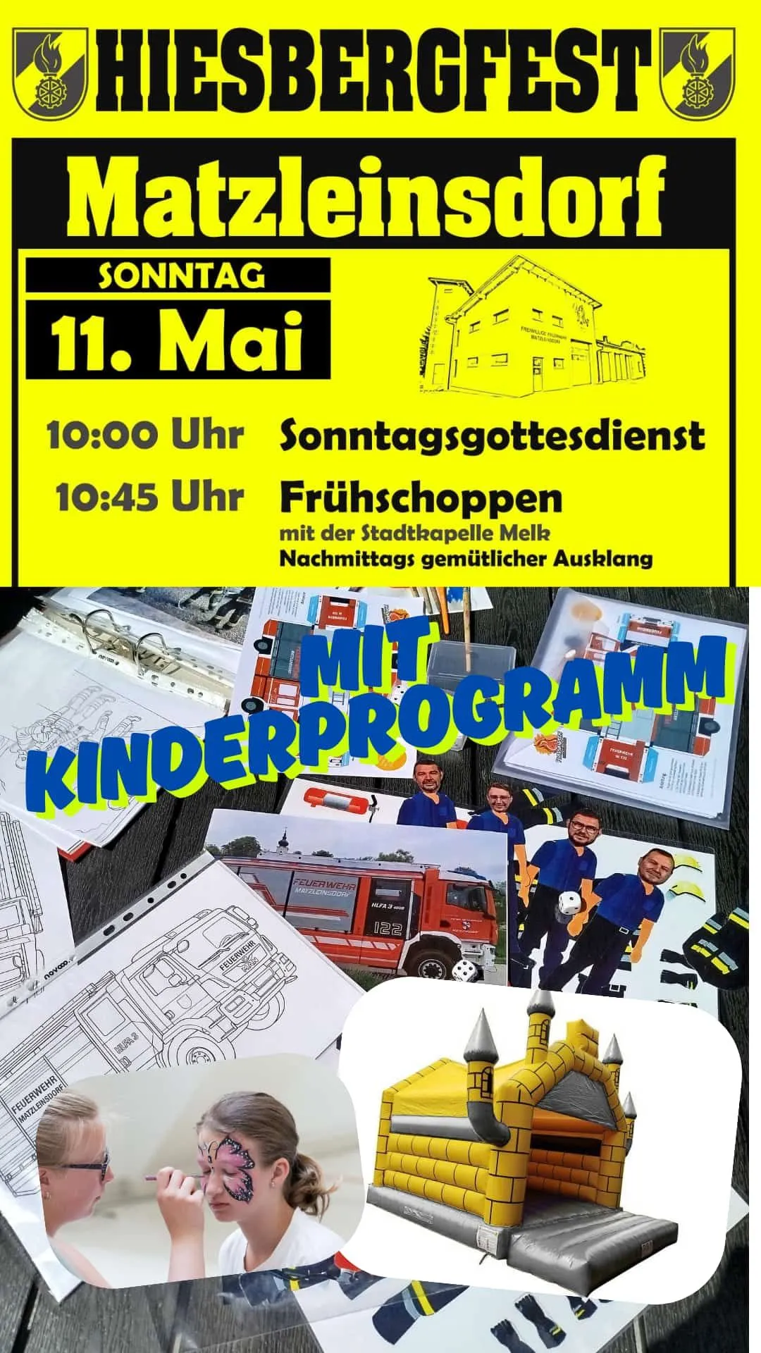 Ein Plakat zeigt einen Zeitplan für Sonntagsgottesdienste und Aktivitäten um 10:00 Uhr und 10:45 Uhr. Es gibt eine Fotocollage von Feuerwehrleuten mit einem Feuerwehrauto und einigen Zeichnungen. Das Plakat hat auch eine Gebäudezeichnung.
