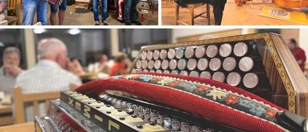 Bild einer musikalischen Veranstaltung mit Akkordeon- und Gitarrenspielern und Terminen für Veranstaltungen an Montagen. Die Termine sind 02.02.2026, 02.03.2026, 04.05.2026. Jede beginnt um 19:00 Uhr. Geführt von Helmut Kindl.