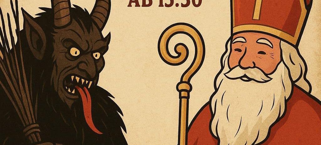Plakat mit Teufel und Sankt Nikolaus. Es steht: 'In Paldau am 5.12.2025 ab 15:30'. Darunter steht: 'Für jedes Kind gibt's'.