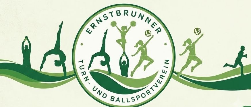 Ein Werbeplakat für Ernstbrunns Sport- und Turnverein zeigt verschiedene Sportler in einem grünen, wellenförmigen Design vor dem Hintergrund von Stadtgebäuden. Das Logo des Vereins enthält ein kreisförmiges Emblem mit Sportlern in Bewegung.