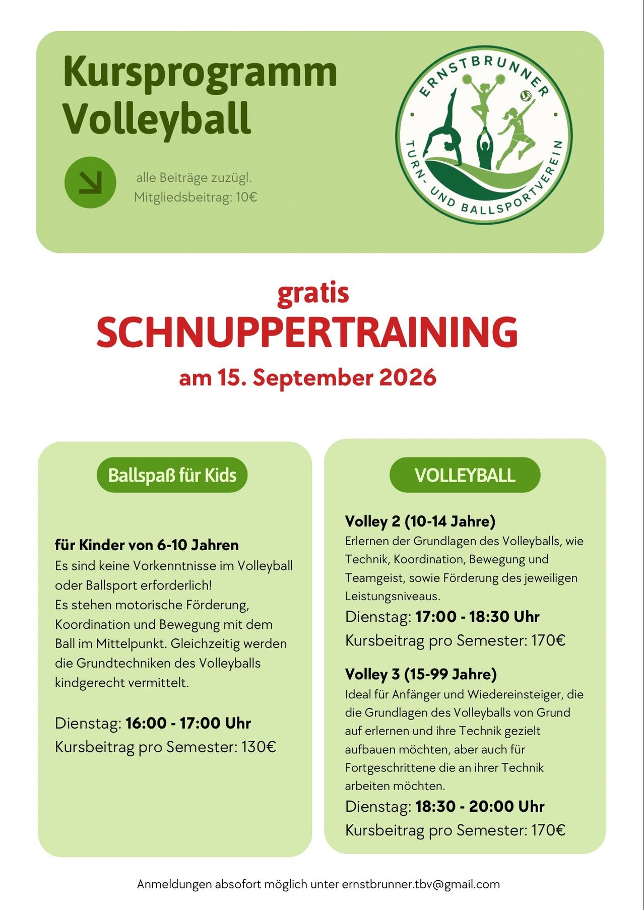 Plakat für kostenloses Volleyballtraining für Kinder im Alter von 6-10 und 10-14 am 15. September 2026. Details umfassen Zeit, Gebühren und vermittelte Grundfertigkeiten.