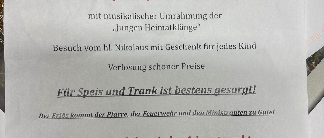 Einladung zur Nikolausfeier der Ministranten, der Flaggengemeinschaft und der Feuerwehr am 6.12.25 um 15:30 Uhr in Oberaibnitz, mit musikalischer Umrahmung der 'Jungen Heimatklänge', Besuch vom hl. Nikolaus mit Geschenk für jedes Kind, Preisverleihung schöner Preise und gut gefüllter Speise- und Getränkebereich. Der Adventmarkt mit Ausstellern aus der Region wird ebenfalls erwähnt.