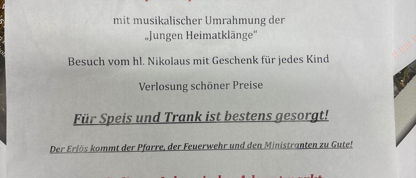Einladung zur Nikolausfeier der Ministranten, der Flaggengemeinschaft und der Feuerwehr am 6.12.25 um 15:30 Uhr in Oberaibnitz, mit musikalischer Umrahmung der 'Jungen Heimatklänge', Besuch vom hl. Nikolaus mit Geschenk für jedes Kind, Preisverleihung schöner Preise und gut gefüllter Speise- und Getränkebereich. Der Adventmarkt mit Ausstellern aus der Region wird ebenfalls erwähnt.