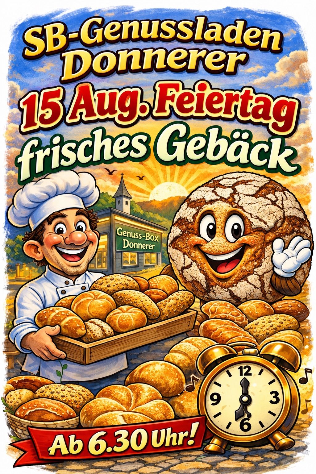 Ein Plakat, das am 15. August frisches Gebäck bewirbt, mit einem Bäcker, der eine Brotschale hält, und einem lächelnden Brotcharakter.
