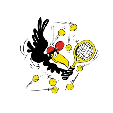 Ein Vogel mit rotem Stirnband und Tennisschläger in der Hand, schlägt Tennisbälle in der Luft.
