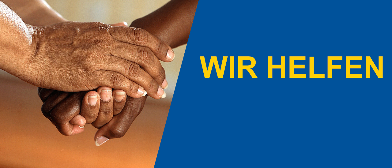 Ein Bild von zwei Händen, die ineinander verschränkt sind, mit den Worten 'WIR HEL' in Gelb auf blauem Hintergrund geschrieben.