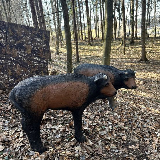 Zwei realistische Hirschstatuen stehen in einem Wald mit vielen Bäumen. Der Boden ist mit trockenen Blättern bedeckt. Hinter den Statuen befindet sich eine Tarnabdeckung.
