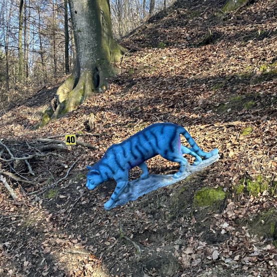 Eine blaue Tigerstatue liegt auf einem Felsen in einem Wald mit verstreuten Blättern. Die Statue hat ein gelbes Schild mit der Aufschrift '40' in der Nähe.