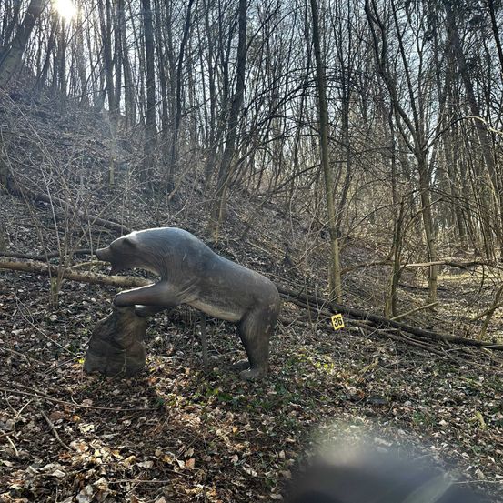 Eine große Bärenstatue steht auf einem Felsen im Wald. Die Statue ist grau und wirkt realistisch. Das Gebiet ist mit Blättern bedeckt, und im Hintergrund stehen Bäume.