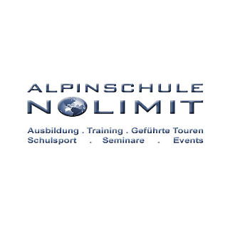 Das Logo der Alpinschule No Limit zeigt einen Globus und bietet Dienstleistungen wie Training, geführte Touren, Schulsport, Seminare und Veranstaltungen an.