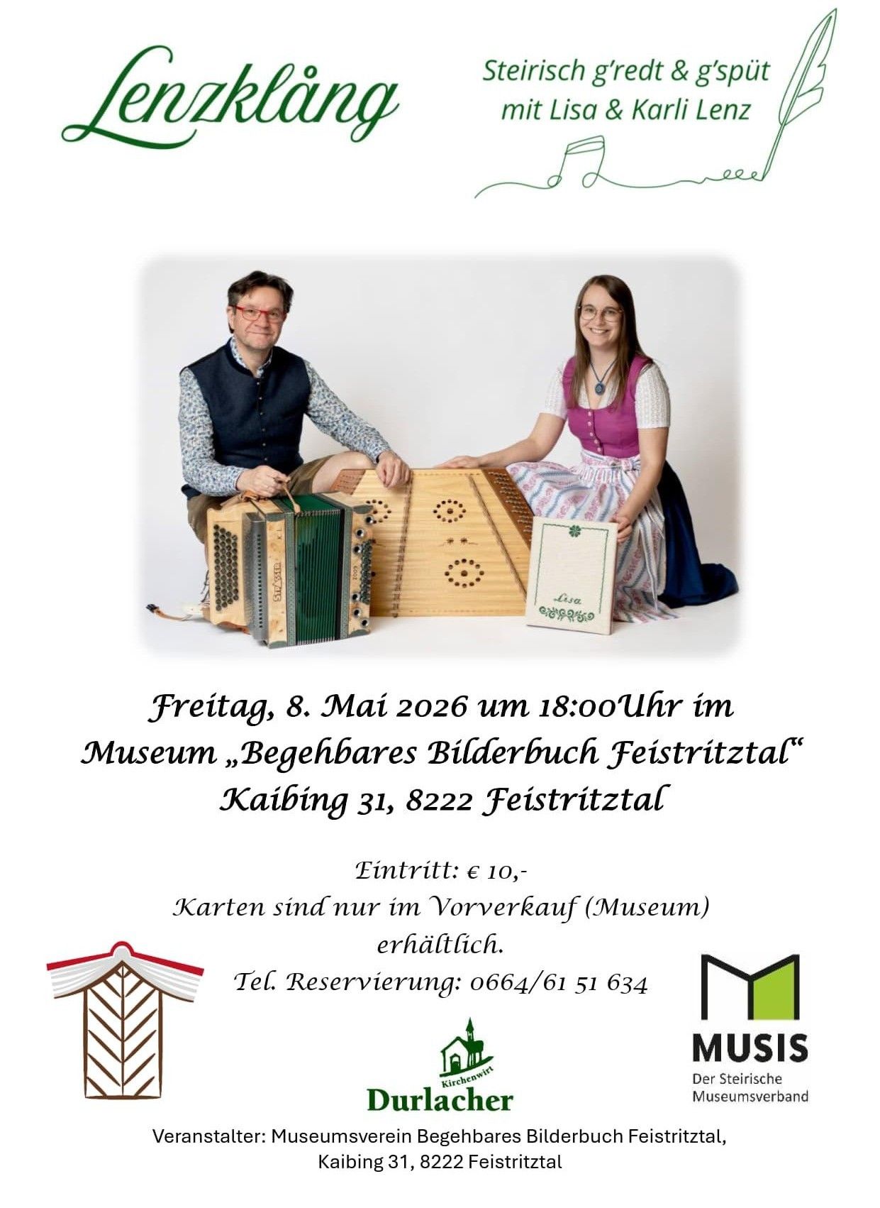 Two people pose with a musical instrument. Event at Museum on May 8, 2026. Entry is 10 Euros.