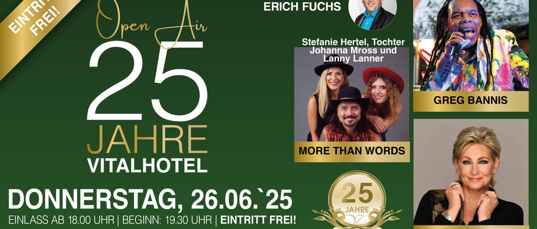 Ein Plakat für eine Veranstaltung zum 25-jährigen Jubiläum, moderiert von Erich Fuchs, mit einem Bild von drei Personen, darunter Stefanie Hertel, Tochter von Johanna Mross und Lanny Lanner. Die Veranstaltung beginnt um 19:30, Eintritt frei.