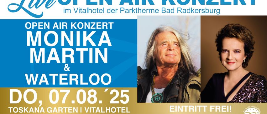 Ein Plakat für ein Open-Air-Konzert von Nika Martin und Ferlo. Das Event findet am 7. August 2025 um 18:00 Uhr im Vitalhotel der Parktherme Bad Radkersburg statt.