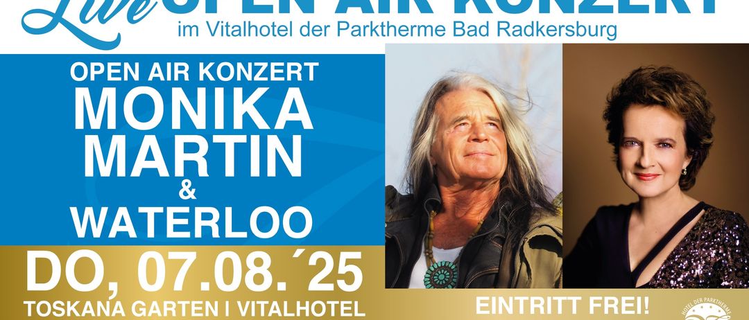 Ein Plakat für ein Open-Air-Konzert von Nika Martin und Ferlo. Das Event findet am 7. August 2025 um 18:00 Uhr im Vitalhotel der Parktherme Bad Radkersburg statt.