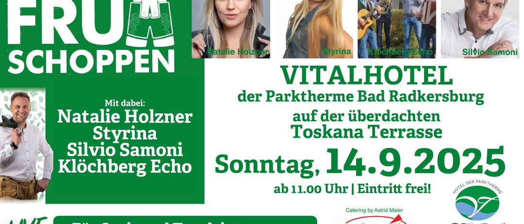 Plakat für ein Musikevent mit Natalie Holzner, Styrina und Klockberg Echo am 14. September. Die Veranstaltung findet in der Parktherme Bad Raide Holzner und Toscana Terra Samoni statt.