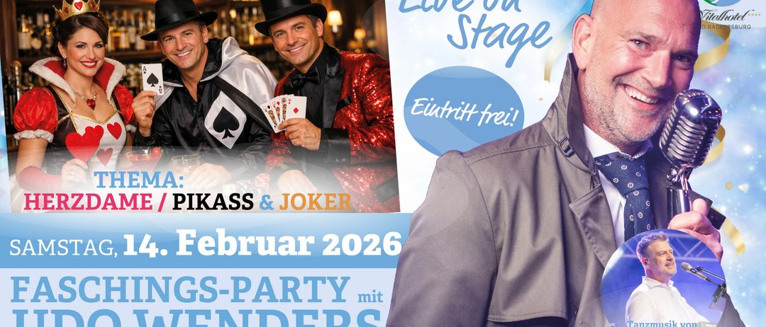 Plakat für eine Live-Veranstaltung mit zwei Magiern in Zylindern, die Spielkarten halten, für Februar 2026, mit einem teilweise sichtbaren Mann.