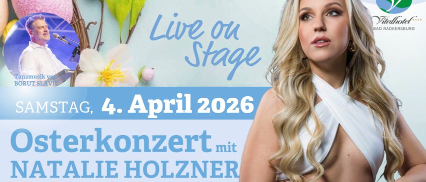 Konzertankündigung für eine Live-Aufführung am 4. April 2026 mit der Sängerin Lie Holzner. Der Veranstaltungsort ist das Palace Vita Bar im Vitalhotel. Kontaktinformationen sind angegeben.
