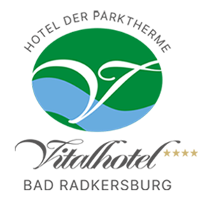 Das Logo für Vitalhotel in Bad Radkersburg, mit einem grünen Kreis, einer blauen Welle und einem weißen Design, sowie fünf Sternen über dem Text.